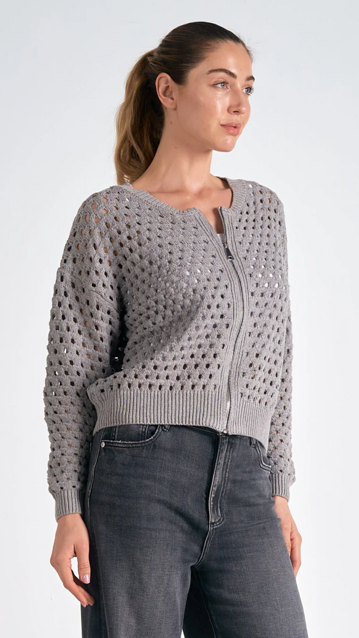 Gray Open Knit Sweater Cardigan