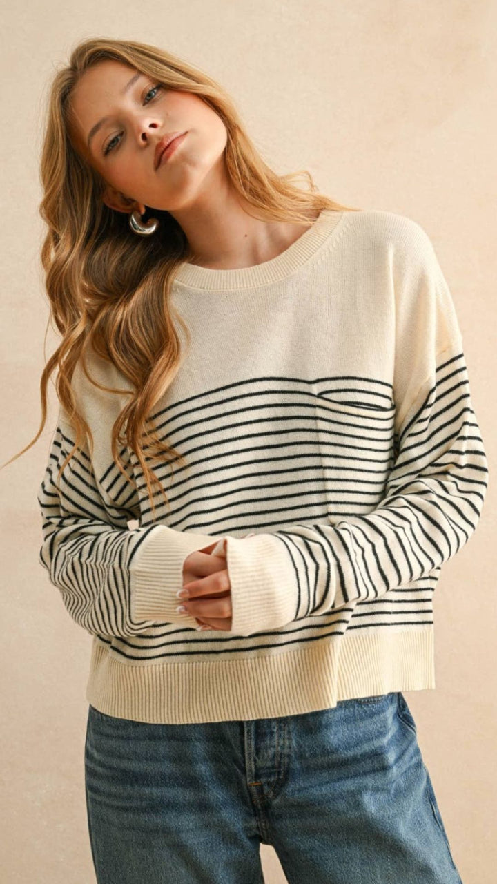 Cream And Black Stripe Sweater Top