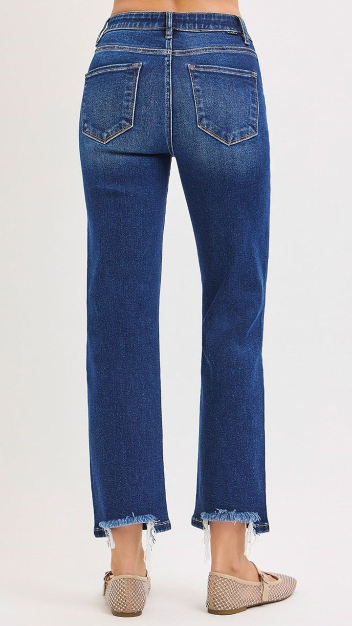 High Rise Tummy Control Dark Wash Crop Straight Jeans
