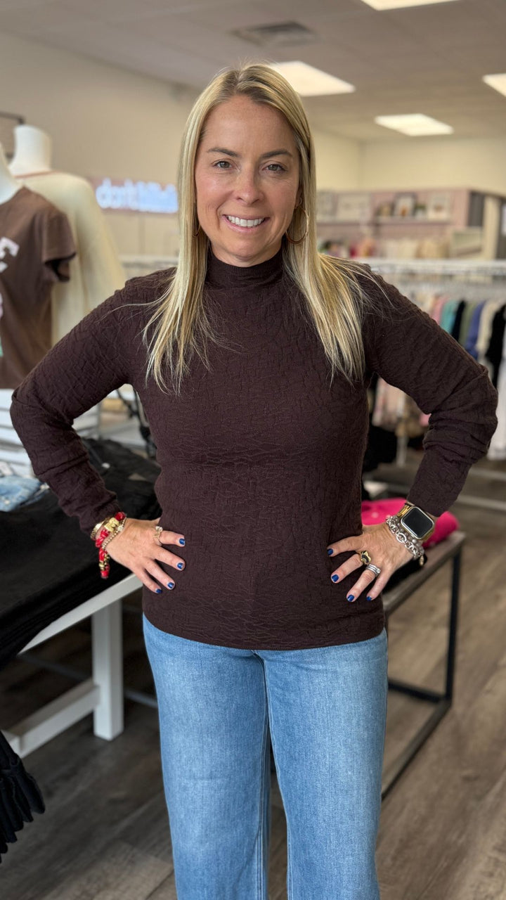 Mocha Mock Neck Textured Knit Sweater