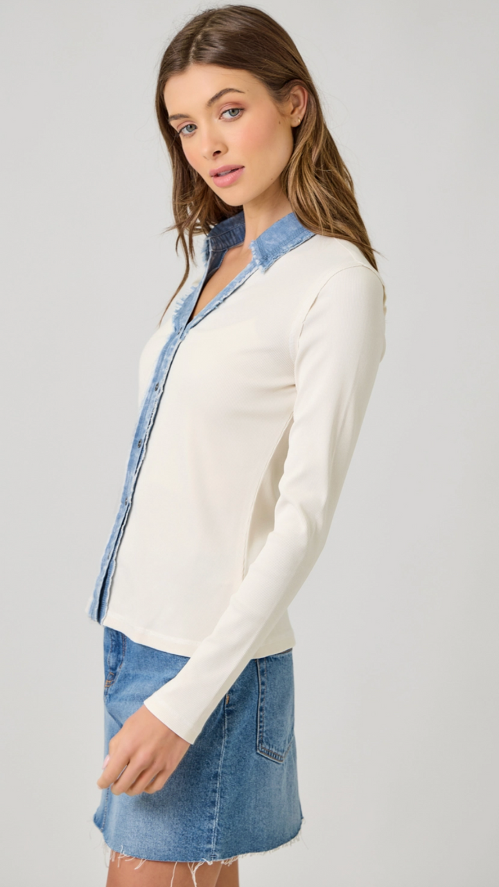 Vintage White Washed Rib Thermal Button Down Top