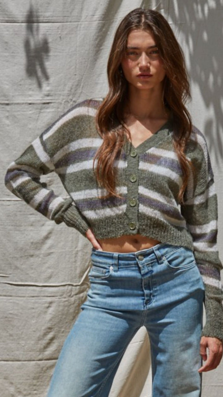 Olive Multi Stripe Crop Cardigan Sweater