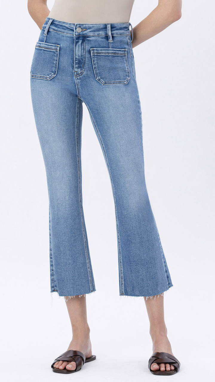 High Rise Medium Wash Patch Pocket Kick Flare Jeans