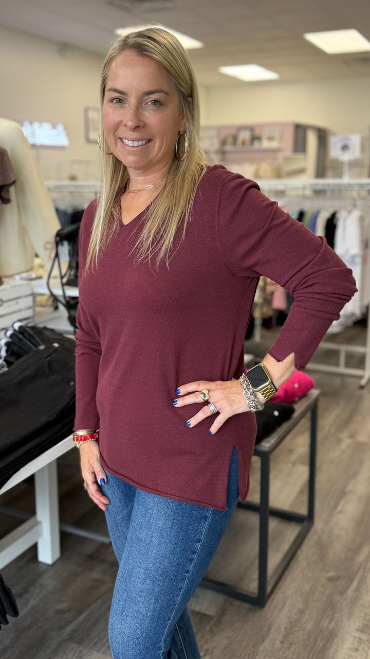 Cabernet V Neck Sweater With Side Slit