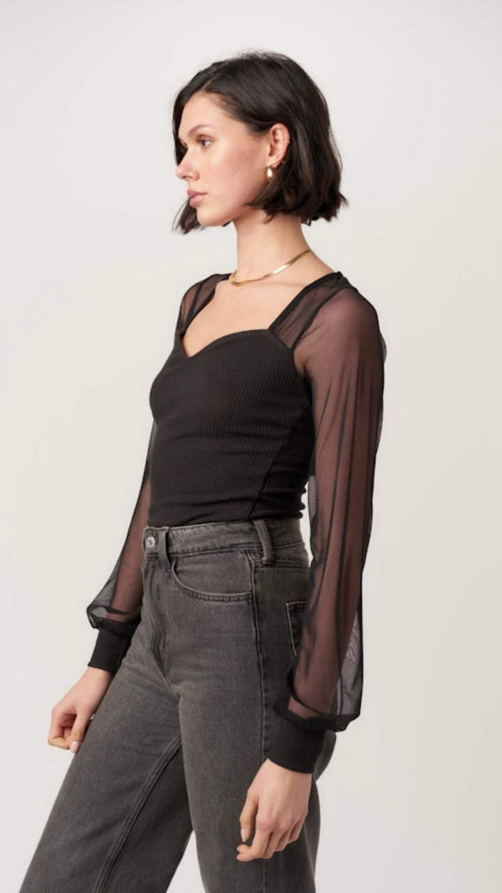 On The Edge Mixed Mesh Sweetheart Neck Long Sleeve