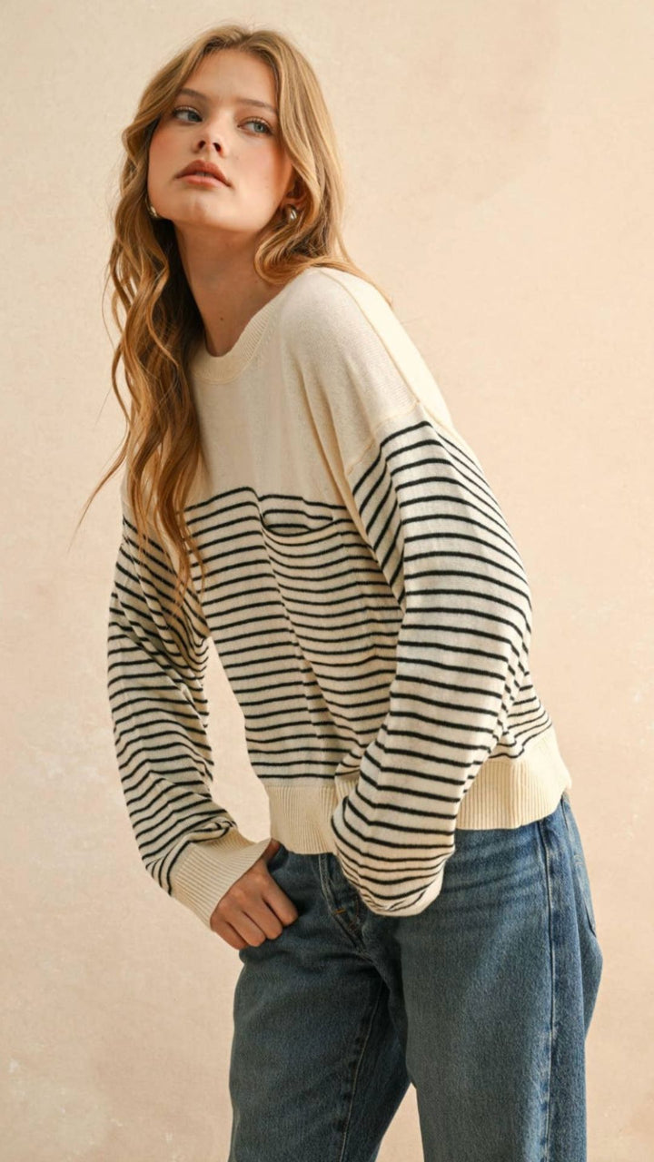 Cream And Black Stripe Sweater Top