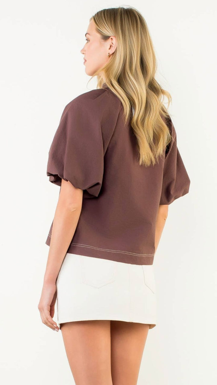 Contrast Stitch Puff Sleeve Blouse