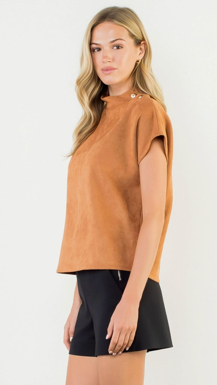 Camel Button Detail Short Sleeve Suede Top
