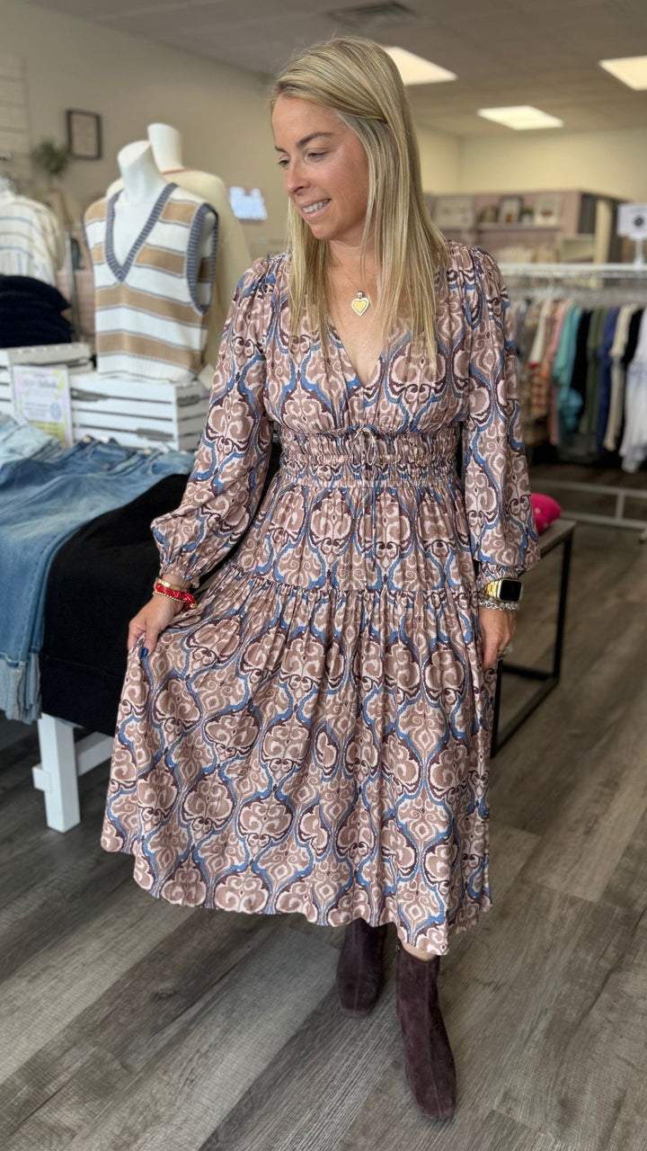 Mauve And Brown Pattern Midi Dress