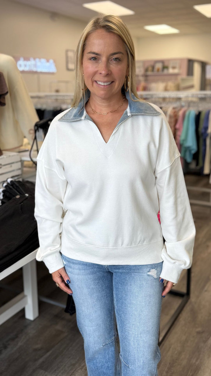 Twill Knit Side Zip Pullover with Denim Collar