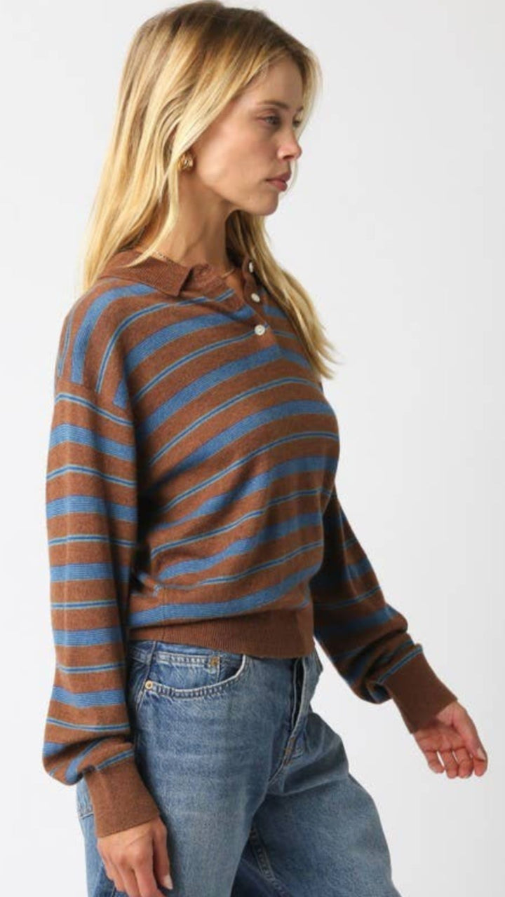 Brown Blue And Green Stripe Knit Collared Top