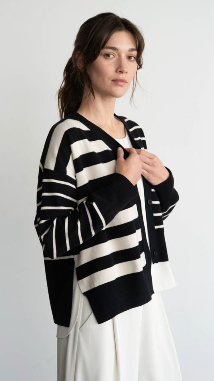 Contrast Striped Sweater Uneven Bottom Cardigan
