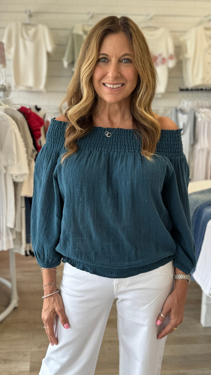 Abyss Pigment Jolia Gauze Off Shoulder Billow Sleeve Top