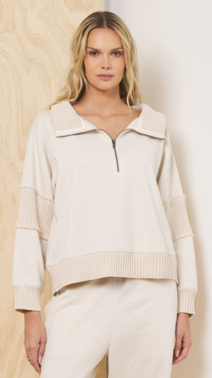Bone Fleece Quarter Zip With Rib Detail Sweatshirt