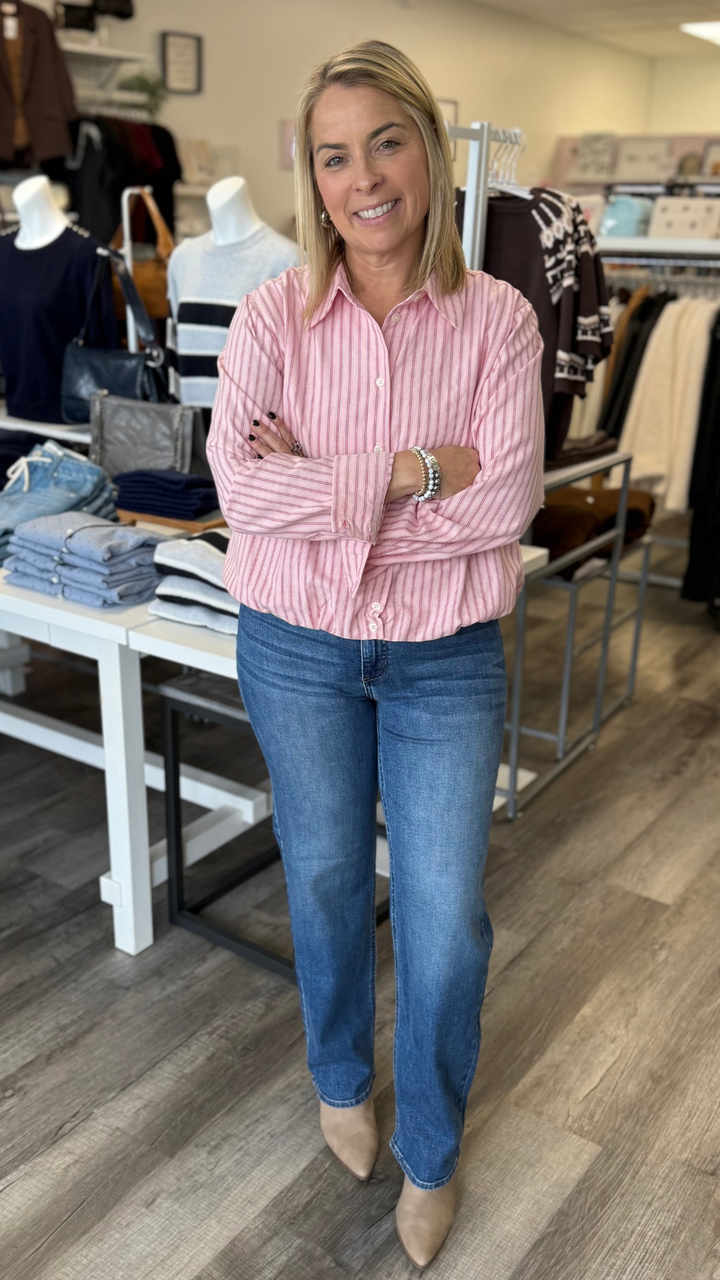 Pink Stripe Gathered Balloon Hem Top