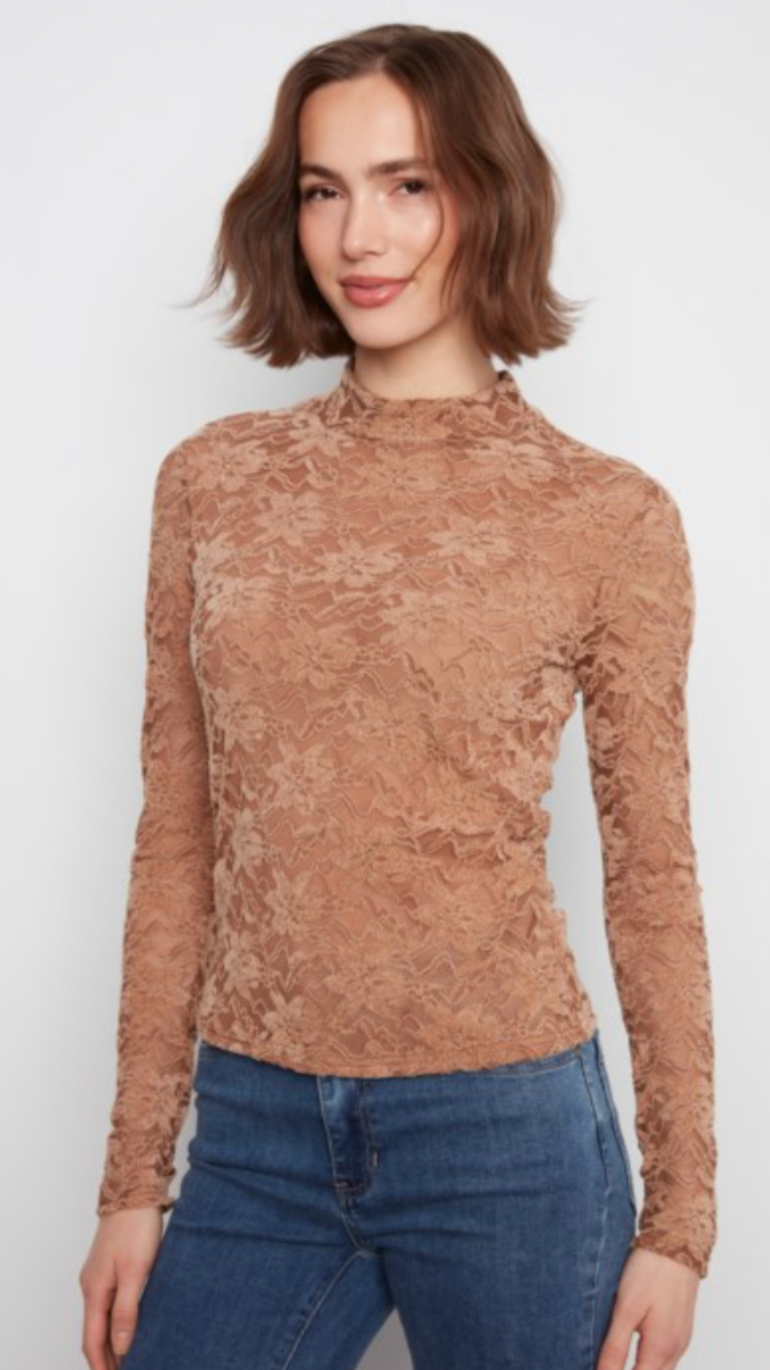 Truffle Lace Long Sleeve Mock Neck Top