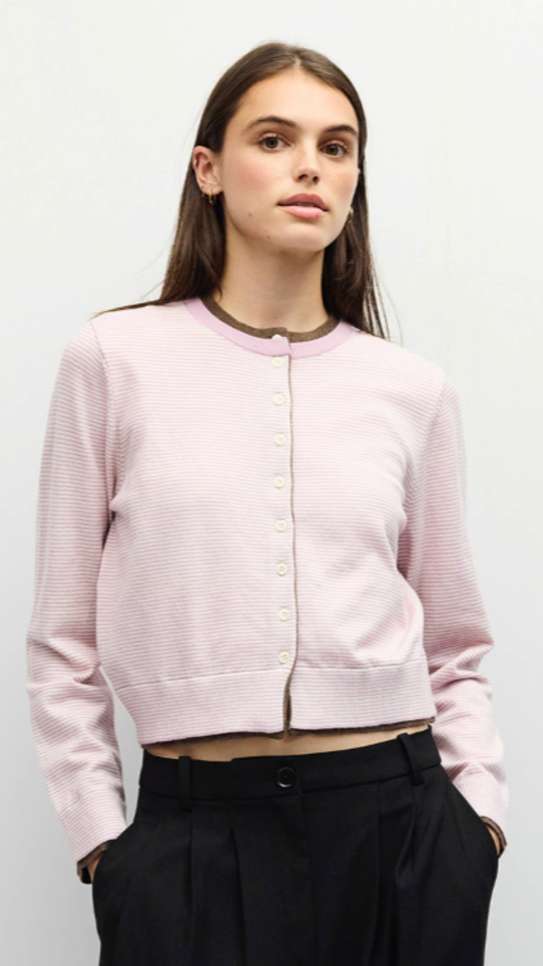 Pink And Brown Contrast Ribbing Cardigan