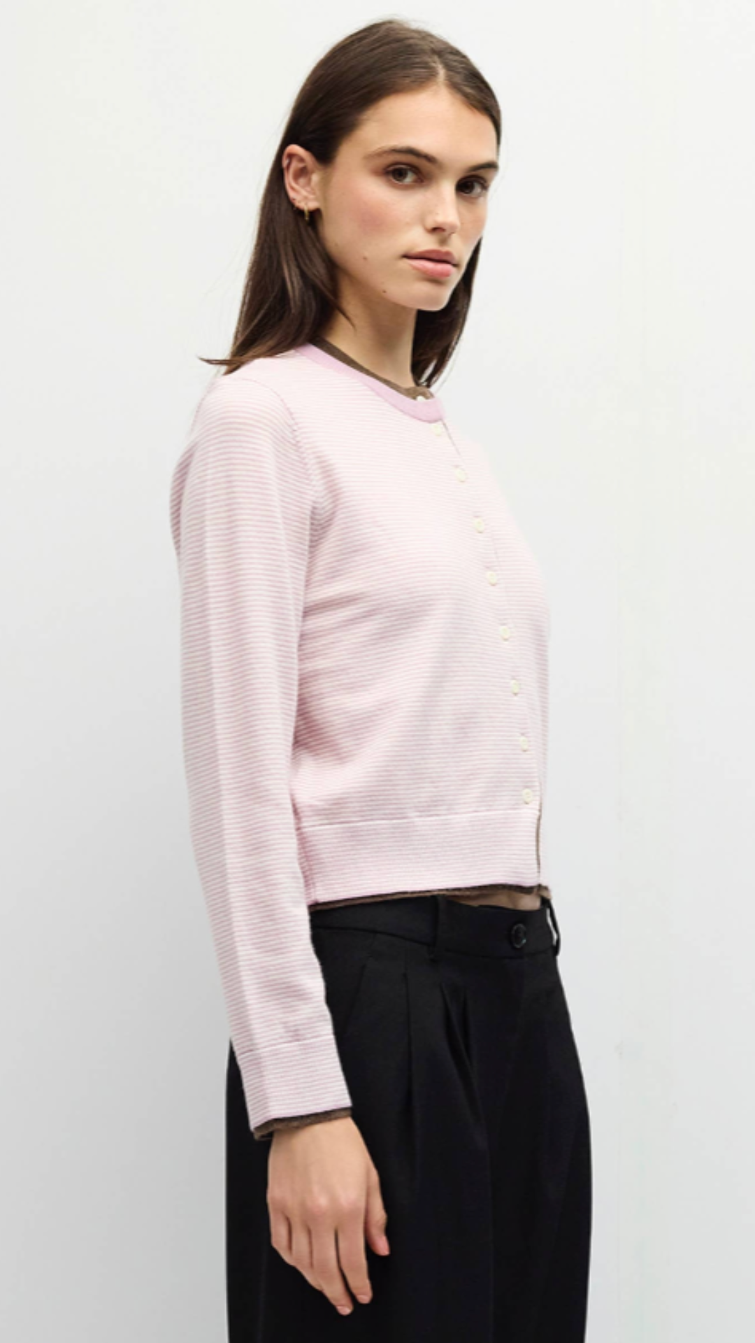 Pink And Brown Contrast Ribbing Cardigan
