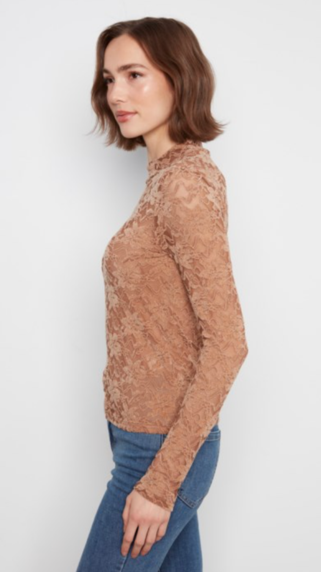 Truffle Lace Long Sleeve Mock Neck Top