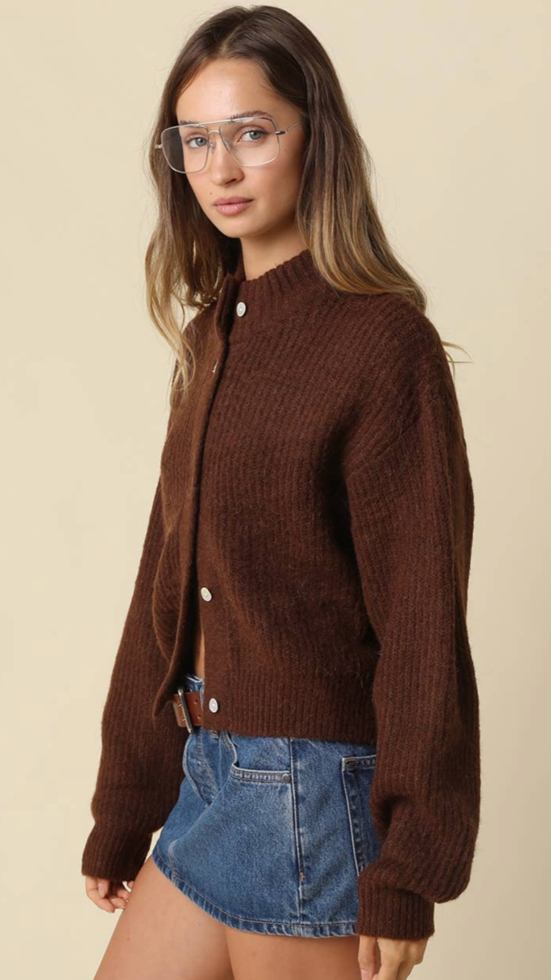 Brown Balloon Sleeve Soft Cardigan