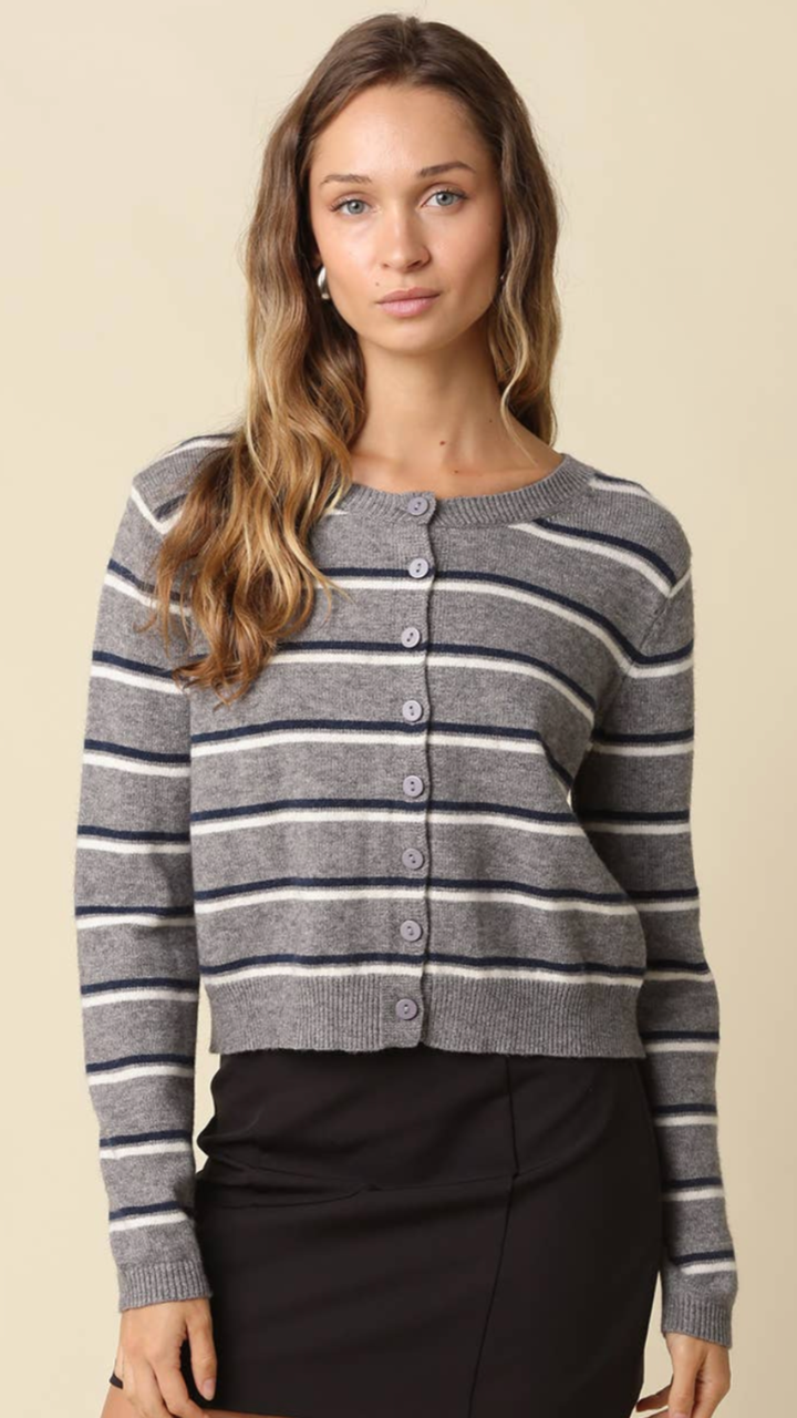 Grey Navy and Cream Stripe Knit Cardigan Sweater