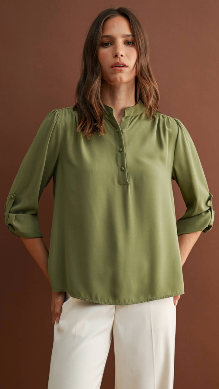 Olive Buttondown Long Sleeve Blouse