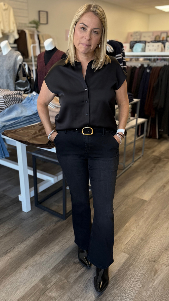 Black Cap Sleeve Satin Blouse