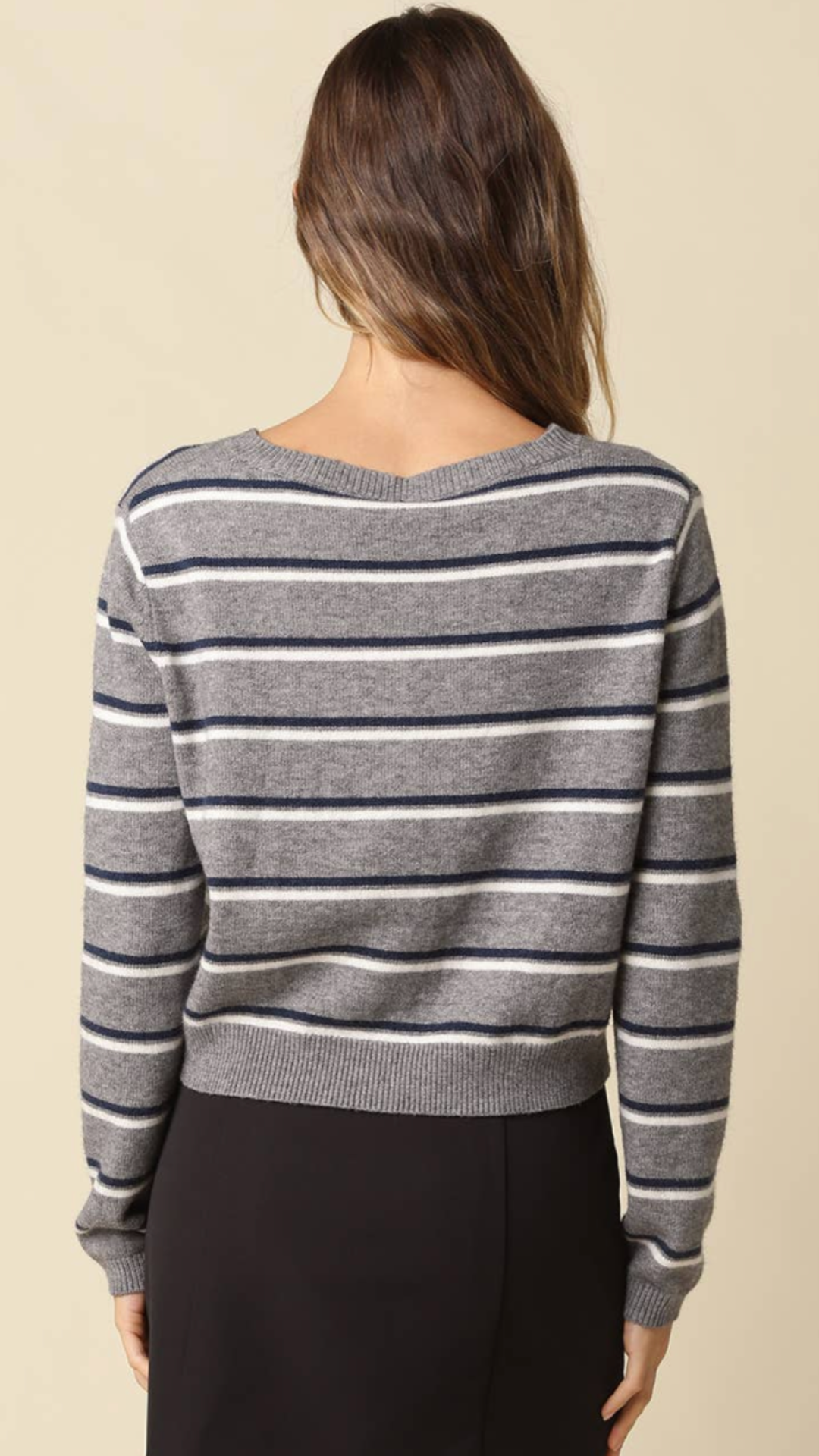 Grey Navy and Cream Stripe Knit Cardigan Sweater