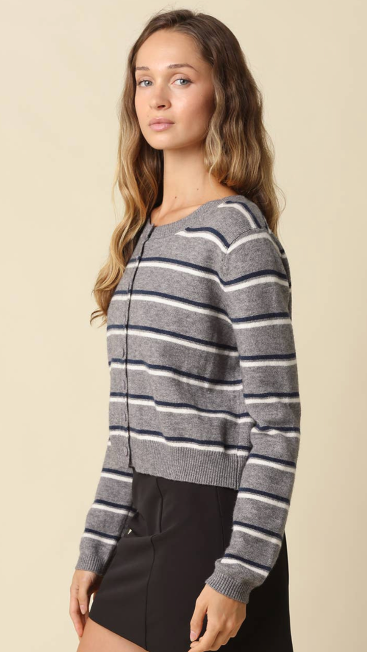 Grey Navy and Cream Stripe Knit Cardigan Sweater