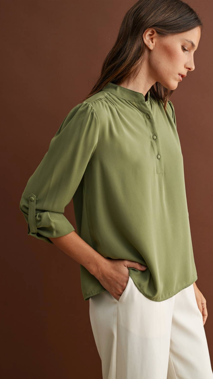 Olive Buttondown Long Sleeve Blouse