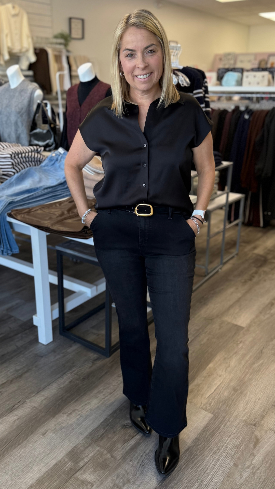 Black Cap Sleeve Satin Blouse