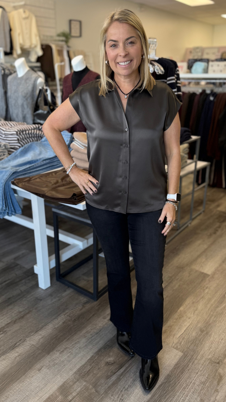 Bronze Olive Cap Sleeve Satin Blouse