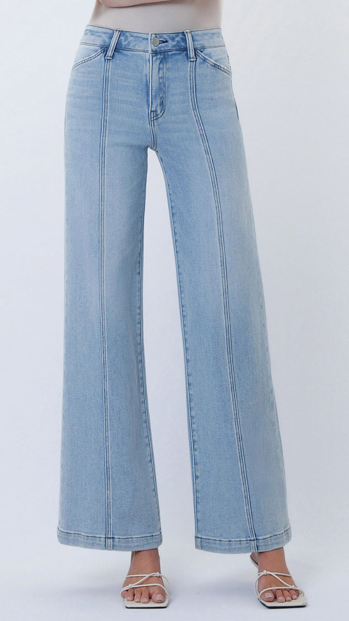 High Rise Light Wash Full Length Cut Seam Detail Wide Jeans