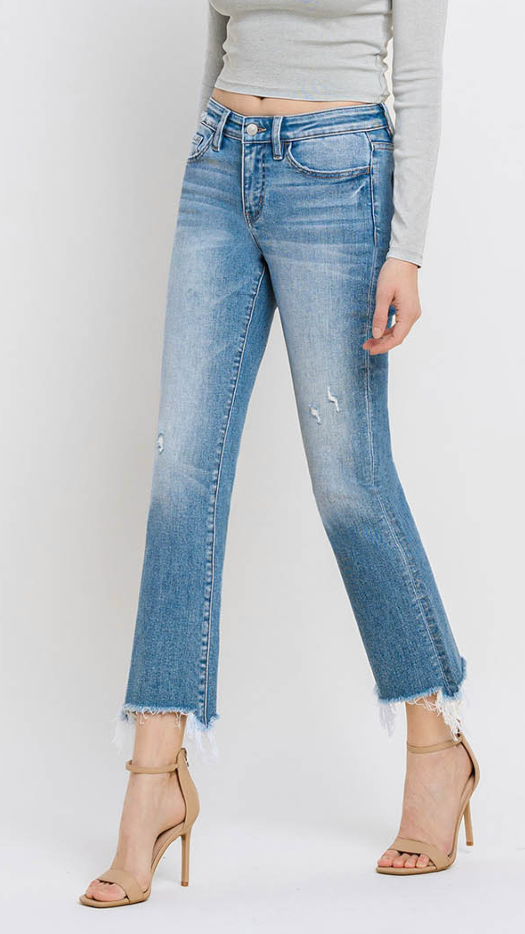 Mid Rise Frayed Hem Ankle Bootcut Jeans