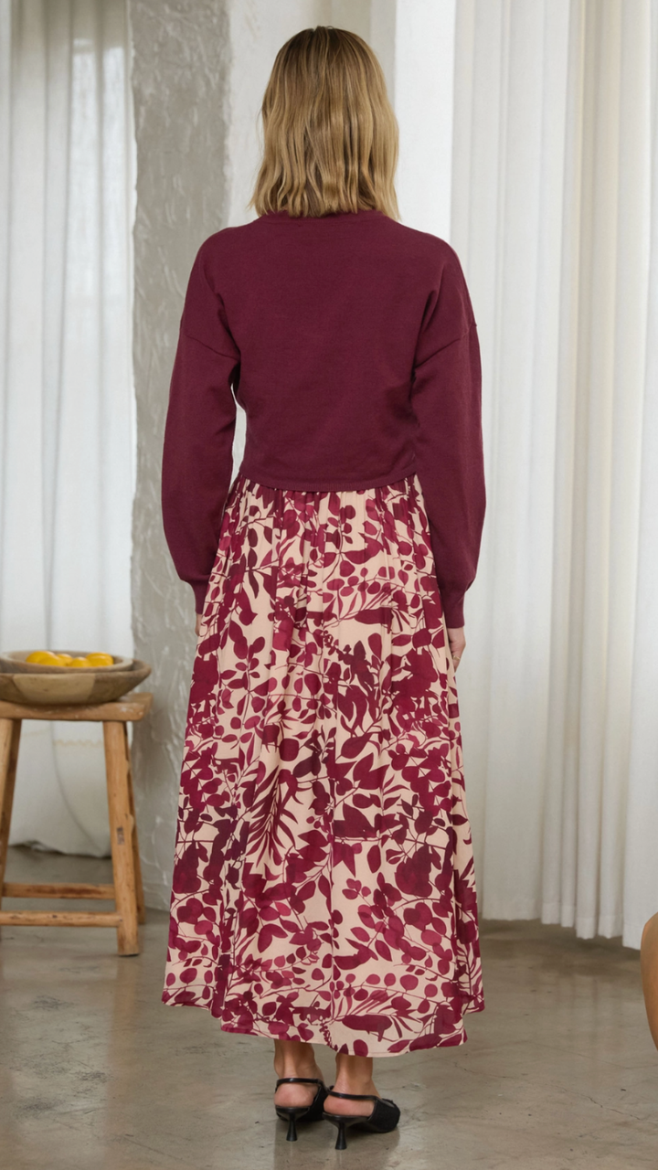 Burgundy Knit Sweater And Floral Print Midi Dress