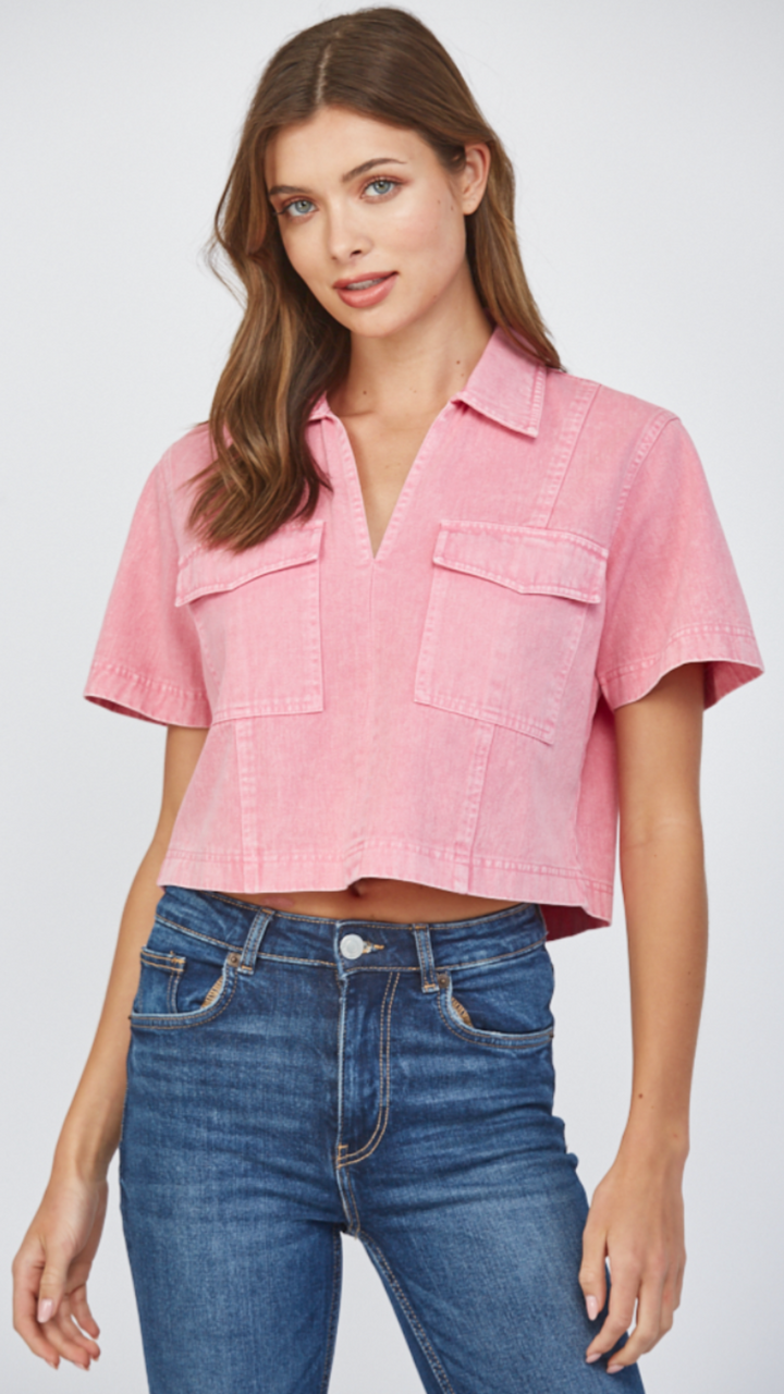 Pink Lapel Collar Denim Top