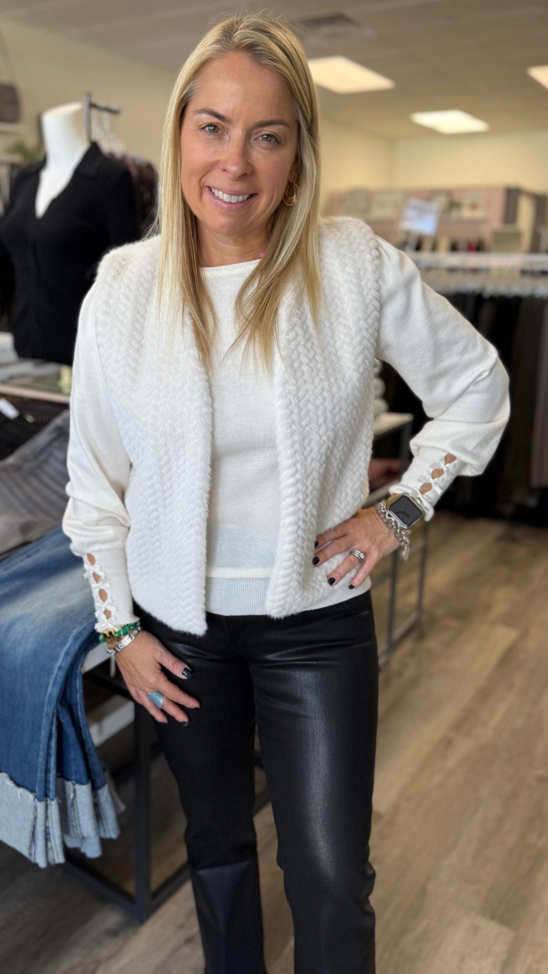 Off White Bow Detail Long Sleeve Knit Top