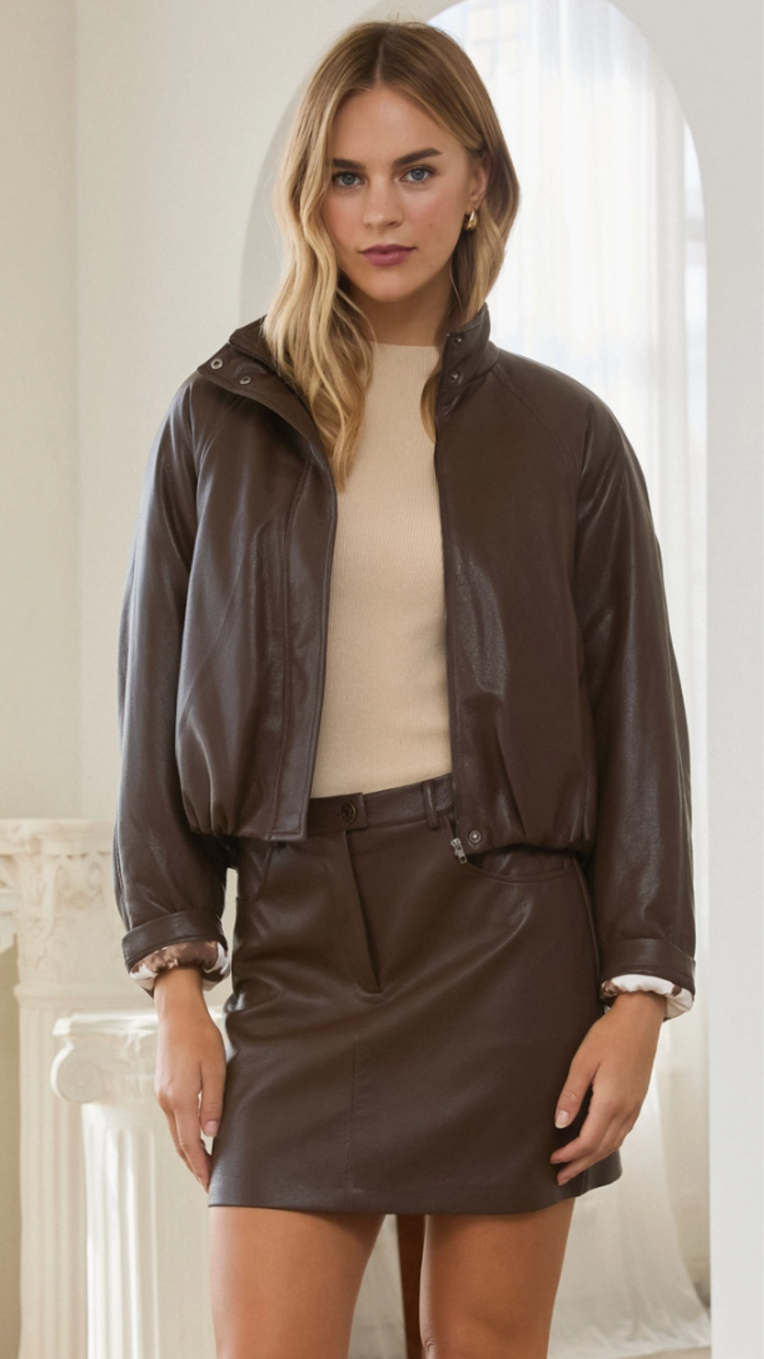 Brown Faux Leather Padded Bomber Jacker