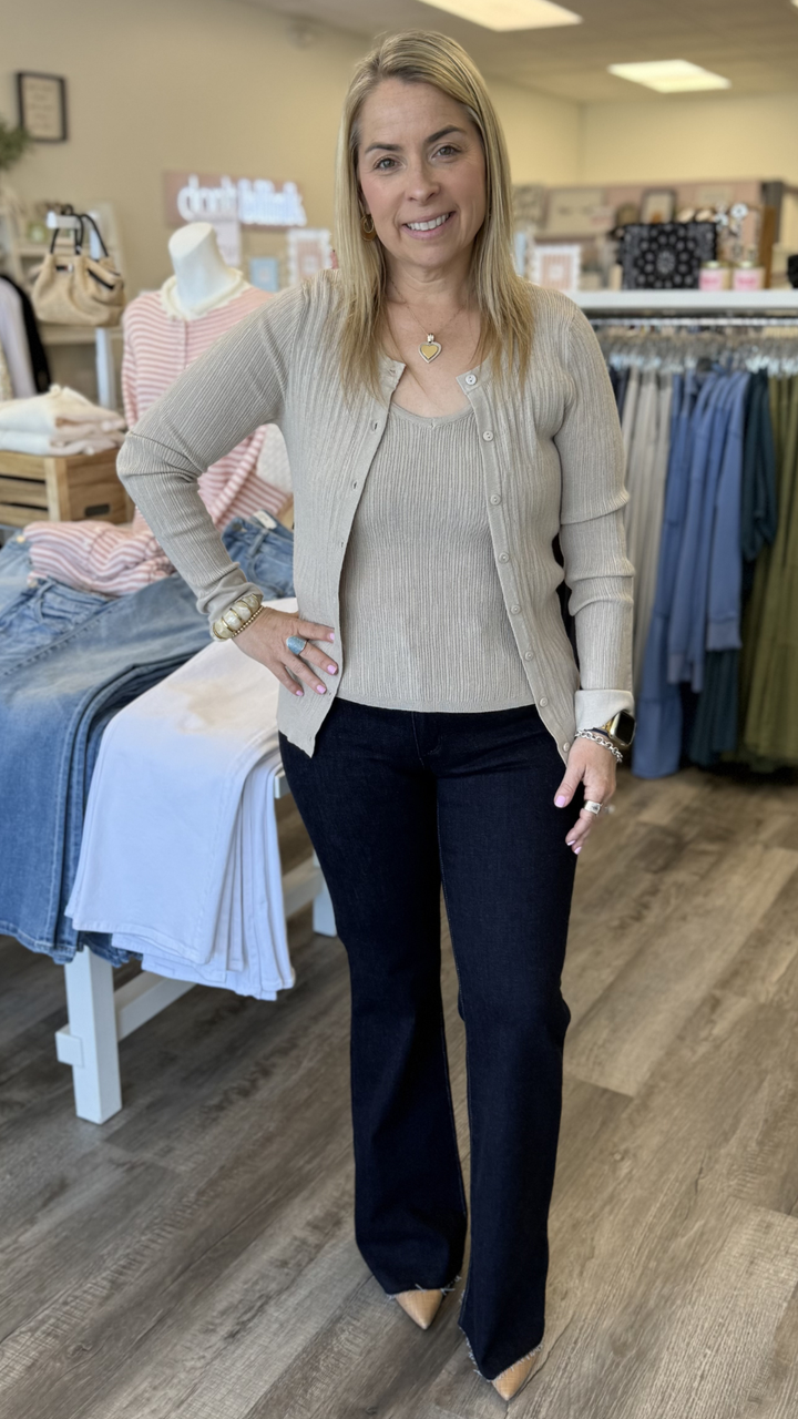 Taupe Ribbed Cardigan With Tank Set