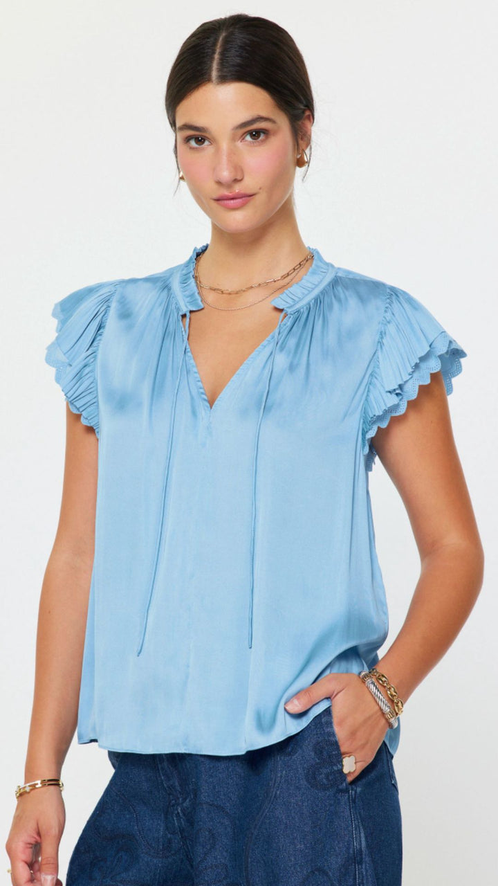 Blue Double Flutter Eyelet Edge Blouse