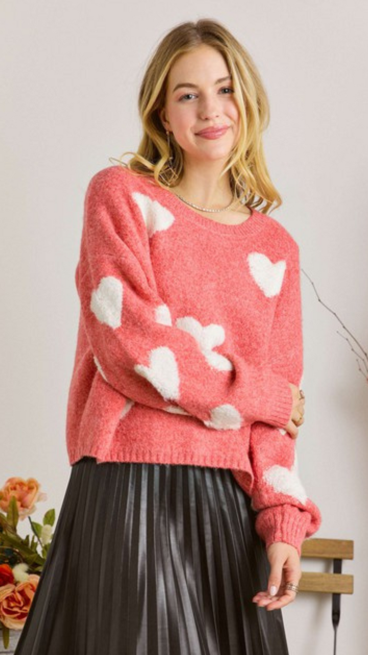 Fuzzy Heart Crew Neck Sweater