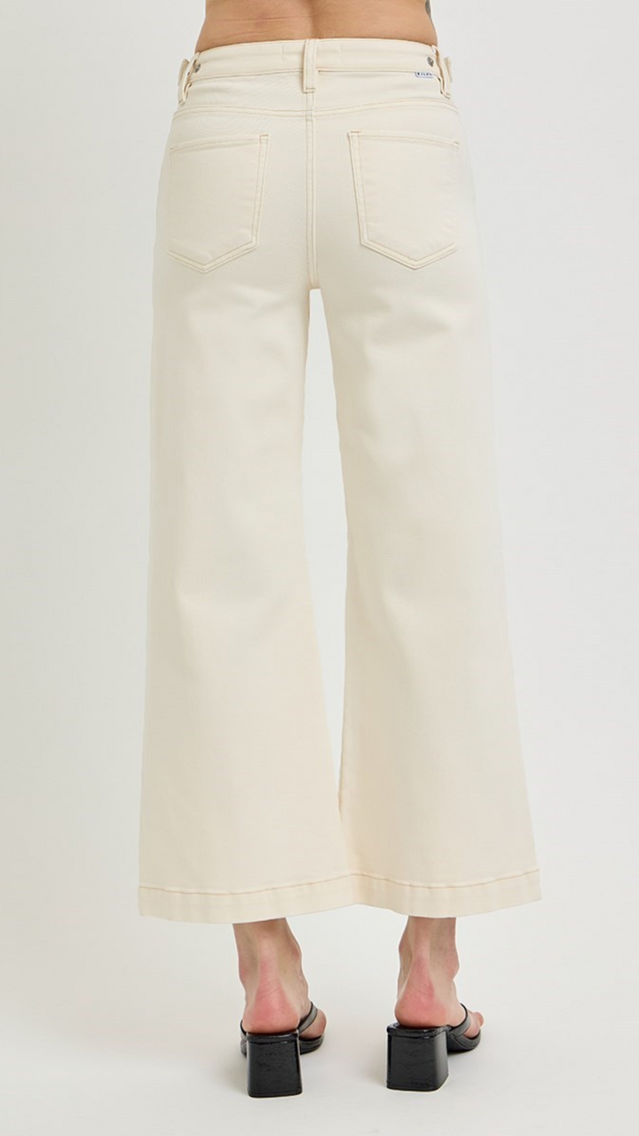 High Rise Ivory Tummy Control Crop Wide Adjustable Waistband Jeans