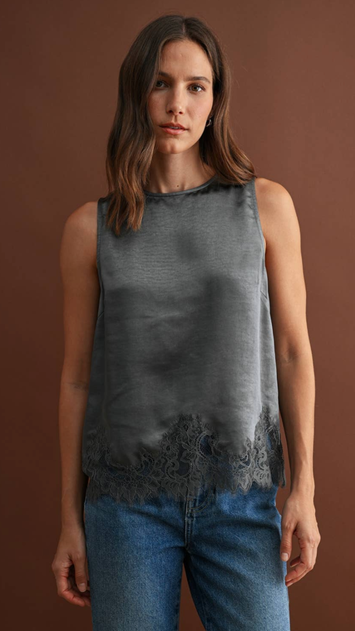 Charcoal Lace Hem Sleeveless Satin Tank