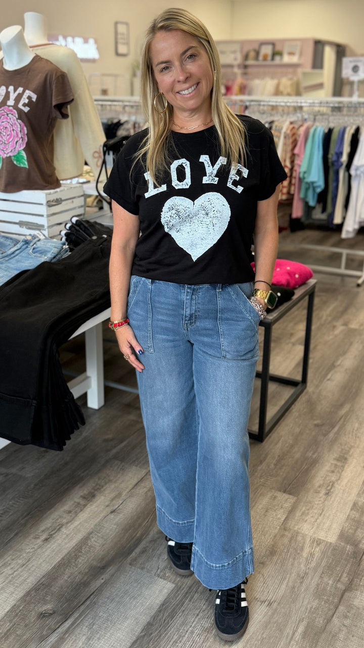 High Rise Elastic Waistband Utility Pocket Wide Leg Jeans