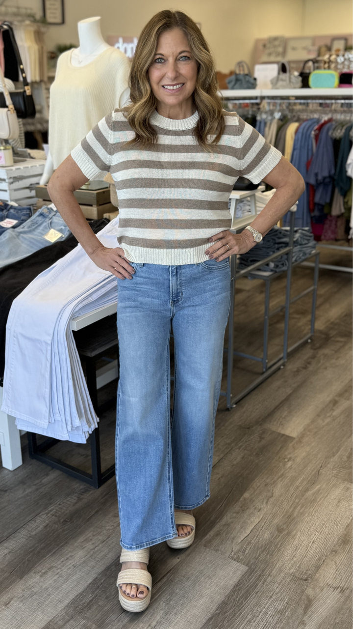 High Rise Medium Wash Slim Crop Wide Leg Jeans