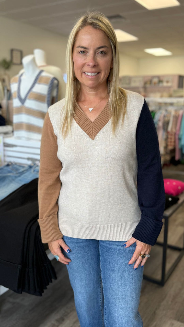 Truffle Colorblock V Neck Sweater