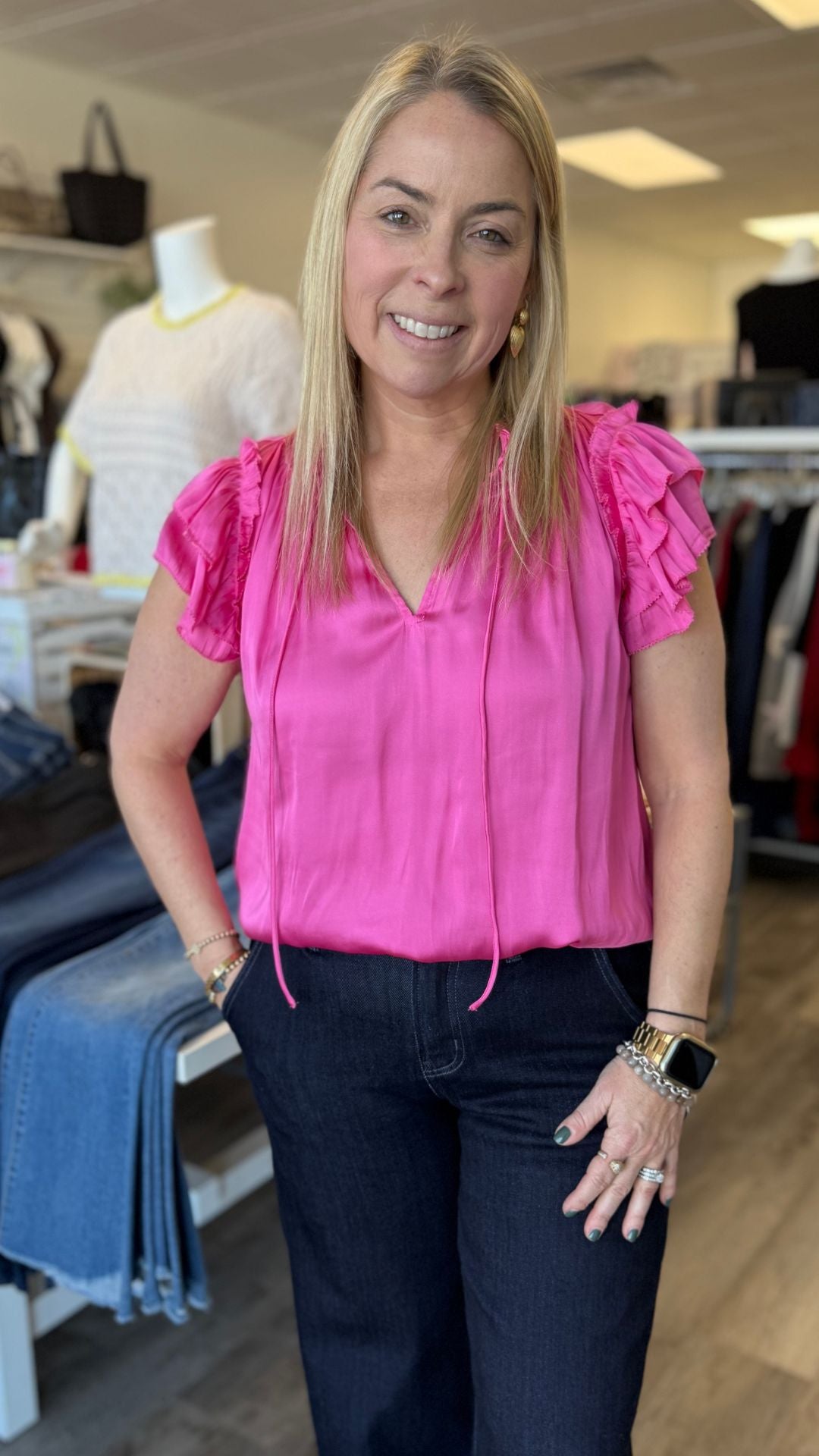 Pink Tiered Ruffle Short Sleeve Blouse