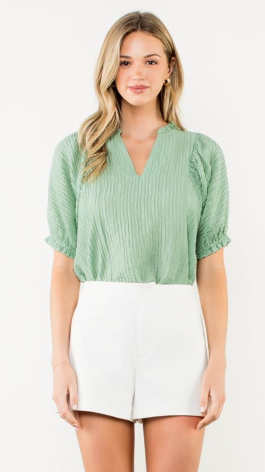 Sage Crinkled Split Neck Puff Sleeve Top