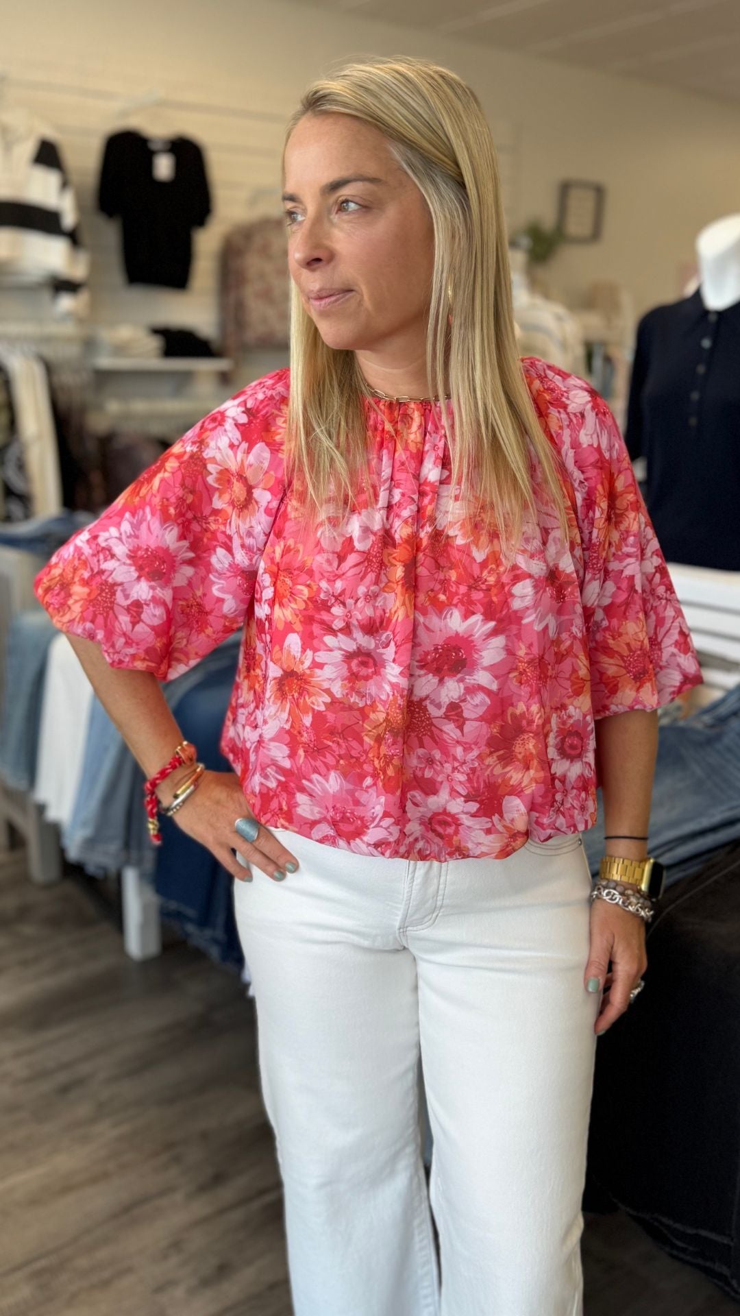 Floral Elastic Hem Balloon Sleeve Blouse