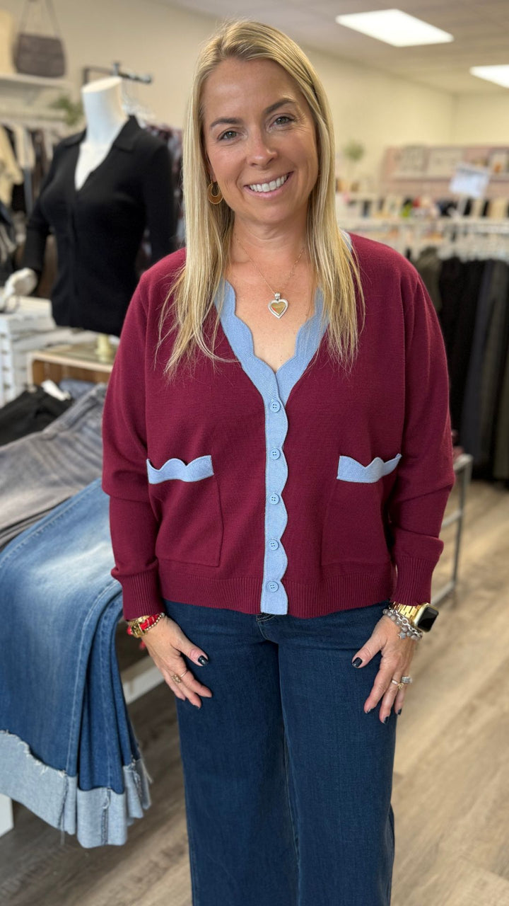 Burgundy Super Soft Scallop Detail Sweater Cardigan